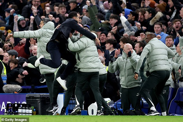 Liam Rosenior reacts to Chelsea scoring their late winner over West Ham at Stamford Bridge