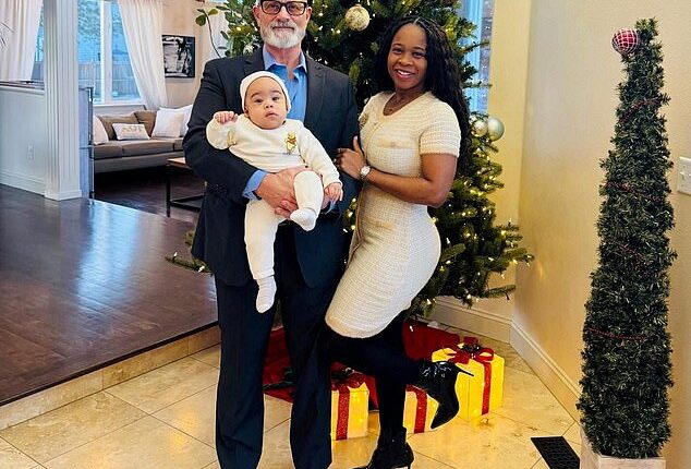 Glenda, 35, and her husband Roy, 70, (both pictured) celebrated the birth of young Roy Briley III, now seven months old, on June 6, 2025 - the same exact date as Roy's 70th birthday