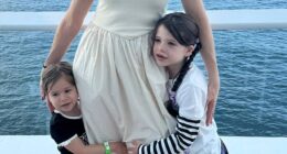 Darryl Hannah Baker (pictured with her children) has revealed the nine distinctive fathers she regularly sees at the school gates