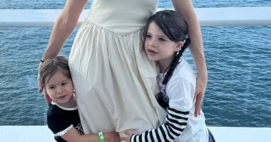 Darryl Hannah Baker (pictured with her children) has revealed the nine distinctive fathers she regularly sees at the school gates