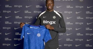 Mamadou Sarr will return to Chelsea from his loan at Strasbourg to join the Blues' first team squad under Liam Rosenior (pictured - Sarr after signing for the Blues back in June 2025)
