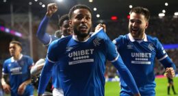 Youssef Chermiti celebrates completing his hat-trick in Rangers' 4-2 victory against Hearts