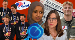 hot or not collage including USA olympic men's hockey team members, 'Sarah' Mcbride, and an 'I voted' sticker