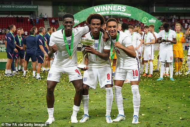 Former England youth star Carney Chukwuemeka (centre) is reportedly set to switch his international allegiance to Austria ahead of this summer's World Cup