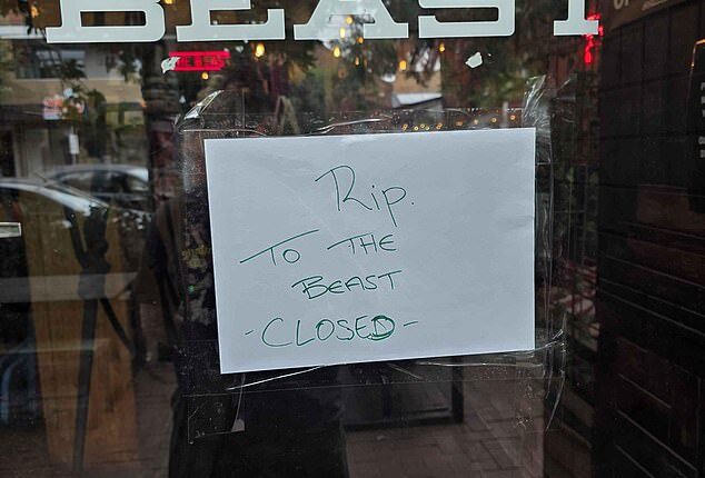 Patrons who visited the Melbourne bar in recent days were greeted by a locked door featuring a handwritten sign that read: 'RIP to The Beast. Closed'