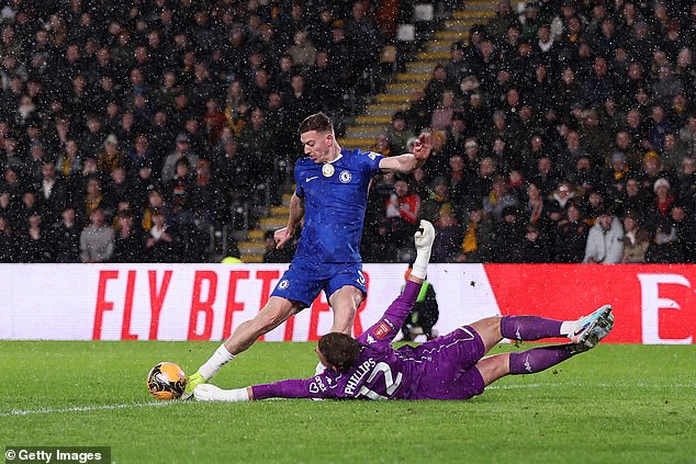 Liam Delap celebrated prematurely as he thought he had put Chelsea 1-0 up against Hull - but the ball hadn't crossed the line
