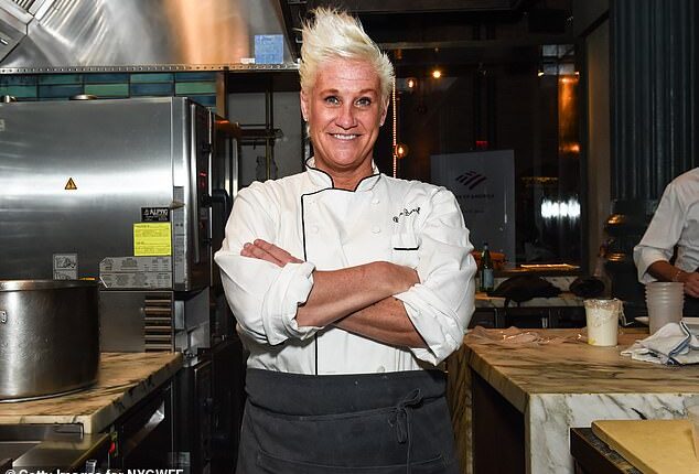An investigator discovered a 'suicidal note' and 'suicidal' diary entries in Anne Burrell's bedroom after her shock death last year aged 55; pictured 2019