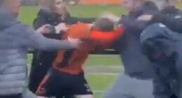 A Bilston Town player appeared to become embroiled in a fight with fans on Saturday evening