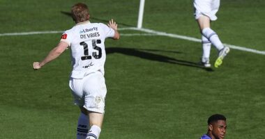 Wellington Phoenix goalie Josh Oluwayemi (bottom right) has gone viral after he made a mind-boggling mistake in his side's 5-0 loss to Auckland on Saturday
