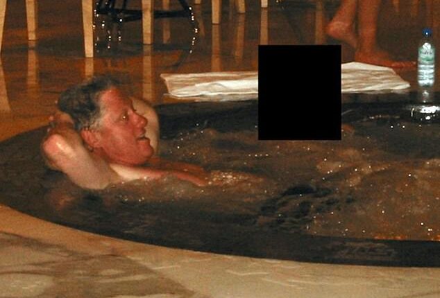 Former President Bill Clinton in a hot tub and a woman whose face has been redacted are seen in another image from the files tied to convicted sex offender Jeffrey Epstein