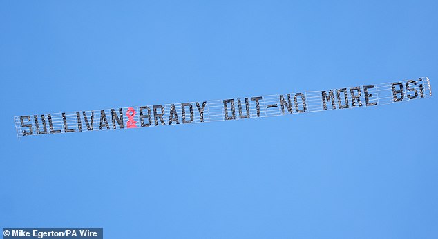 A banner protesting the West Ham ownership was seen flying above the ground