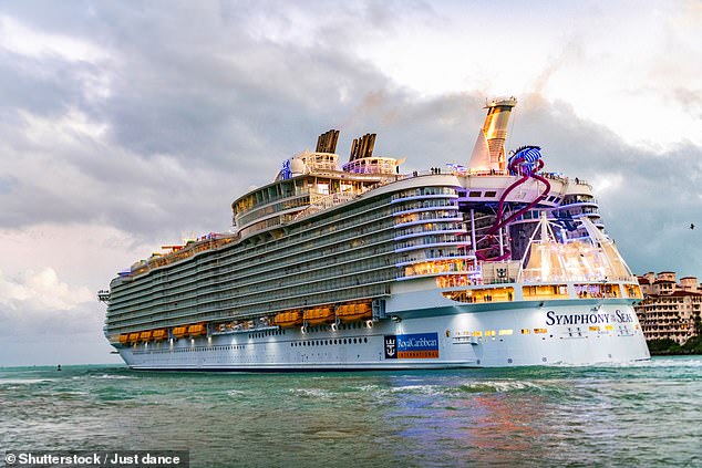 Five men were arrested in Miami last week after trying to board the Royal Caribbean Symphony of the Seas (pictured) for a cruise marketed as 'The World’s Biggest Gay Festival at Sea'