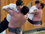 Golden-brawls! Romeo Beckham gets taken out by a sumo wrestler as he travels Japan with girlfriend Kim Turnbull amid bitter row with estranged brother Brooklyn