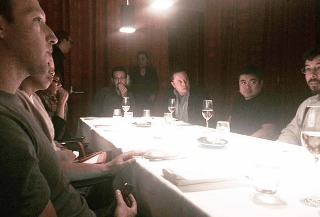 The image, released by the US Department of Justice, shows Facebook founder Mark Zuckerberg (far left) seated at a dinner table alongside SpaceX boss Elon Musk (third from right),and Joi Ito (second from right), the former director of the MIT Media Lab. PayPal co-found Peter Theil was also in attendance but he was not pictured