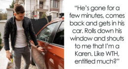 Guy Explodes At Woman After Parking In Her Driveway, Shuts Up The Second Her Male Friend Appears