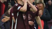 Islam Chesnokov looks to the heavens after scoring the winning goal for Hearts