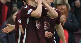 Islam Chesnokov looks to the heavens after scoring the winning goal for Hearts
