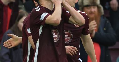 Islam Chesnokov looks to the heavens after scoring the winning goal for Hearts