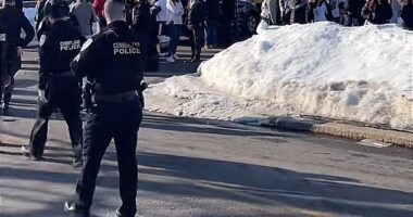 The scene outside of Dennis M Lynch Arena in Pawtucket, Rhode Island, after a gunman opened fire during a high school hockey tournament on Monday afternoon. At least one person, a young girl, has died in the gunfire, and four others are in hospital
