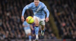 Erling Haaland chases down the ball against Newcastle last Saturday during a dynamic display in which he had his most touches yet in a Premier League match, at 43