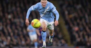 Erling Haaland chases down the ball against Newcastle last Saturday during a dynamic display in which he had his most touches yet in a Premier League match, at 43
