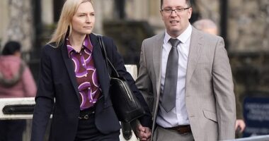 Christopher Trybus, pictured outside Winchester Crown Court on Wednesday with his new wife Bea