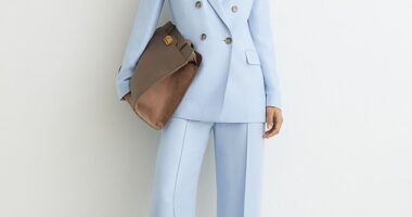 Double-Breasted Peak-Lapel Suit Jacket, £280, and Wide-Leg Suit Trouser, £170, reiss.com