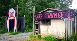 The entrance to Lake Shawnee, the abandoned amusement park in West Virginia that has a macabre history