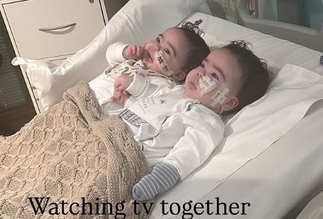 Jesy Nelson has shared a sweet photo of her baby twins holding hands and watching TV in hospital amid their devastating spinal muscular atrophy (SMA) type 1 diagnosis