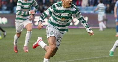 Julian Araujo runs away to celebrate after scoring winner for Celtic in 97th minute