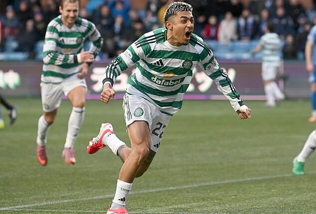 Julian Araujo runs away to celebrate after scoring winner for Celtic in 97th minute