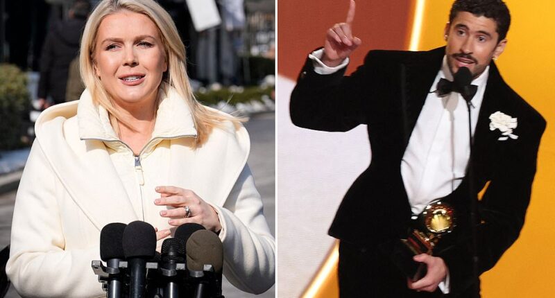 White House press secretary Karoline Leavitt took a swipe at Bad Bunny after he criticized Immigration and Customs Enforcement agents on the Grammys stage. After winning the Grammy for Best Música Urbana Album, the singer - who was born Benito Antonio Martinez - told his fans: 'Before I say thanks to God, I'm going to say: ICE out.' 'We're not savage, we're not animals, we're not aliens. We are humans, and we are Americans,' said the Puerto Rican singer, who is the Super Bowl's halftime performer. While Trump has previously scrutinized the NFL's controversial decision to award the Super Bowl LX halftime show to Bad Bunny, it's understood that the president may be making a U-turn on his decision to skip the event, insiders told the Daily Mail