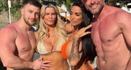 Katie Price, (second from right) and Lee Andrews have been joined on their Dubai honeymoon by bikini-clad Kerry Katona, 45, and her toyboy boyfriend Paolo Magaglione, 33