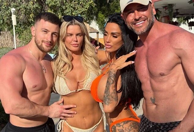 Katie Price, (second from right) and Lee Andrews have been joined on their Dubai honeymoon by bikini-clad Kerry Katona, 45, and her toyboy boyfriend Paolo Magaglione, 33
