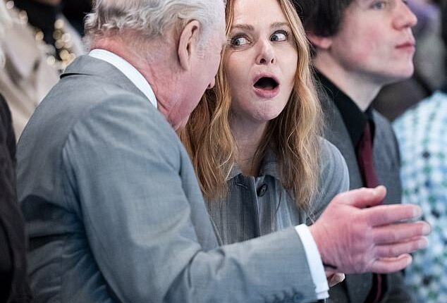 King Charles shares a laugh with Stella McCartney as he attends the first day of London Fashion Week
