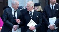 Then-Prince Andrew, King Charles and Prince William at the funeral for the Duchess of Kent in September 2025