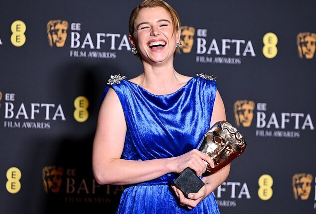 Hamnet star Jessie Buckley, 36, wore a Roman-inspired crushed velvet column dress by Chanel