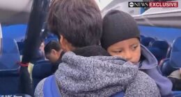Liam Conejo Ramos looked tired and sorrowful as he rested his head on his father Adrian Alexander Conejo Arias's shoulder, who was carrying him on to the plane on Sunday morning