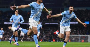 Omar Marmoush celebrates scoring for Manchester City in their 3-1 second-leg win