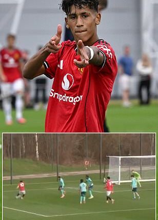 Man United's teen sensation JJ Gabriel scores a WONDER goal for Red Devils' U18s - and Michael Carrick is in the stands to watch it!