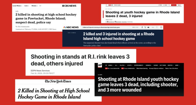 collage of headlines describing Rhode Island hockey game shooting