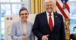 Chamberlain Harris (left), a 26-year-old White House executive assistant, has been named by President Donald Trump (right) as a member of the Commission of Fine Arts, one of two oversight groups that will need to approve his grand ballroom