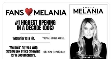 First Lady Melania Trump was promoting her documentary, Melania, on her personal accounts on the Presidents' Day holiday, noting how it had the highest opening for a documentary and that the Wall Street Journal called it a 'hit'