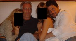 Melania director Brett Ratner (right) embraces a woman he identified as his former 'fiancee' in an undated photograph with serial pedophile Jeffrey Epstein (center left) and another woman. Ratner told Piers Morgan Monday that he only met Epstein that one time