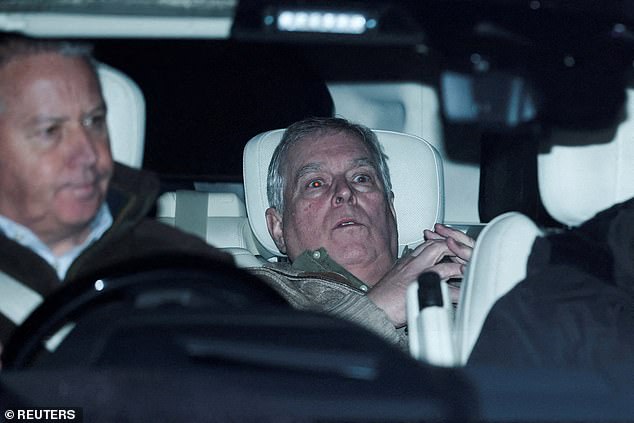 Andrew Mountbatten-Windsor is pictured being driven after leaving Aylsham police station in Norfolk on Thursday evening, having earlier been arrested