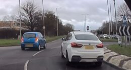 Dashcam footage of the incident on the A1159 in Southend-on-Sea on February 20 shows the drivers emerging into the roundabout at the same moment