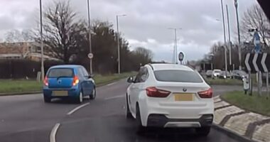 Dashcam footage of the incident on the A1159 in Southend-on-Sea on February 20 shows the drivers emerging into the roundabout at the same moment