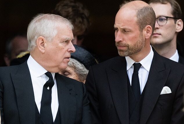 Andrew Mountbatten-Windsor and Prince William at the funeral of the Duchess of Kent at Westminster Cathedral on September 16, 2025