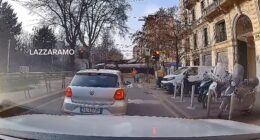 Dashcam footage captured the moment a tram derailed and crashed in central Milan on Friday