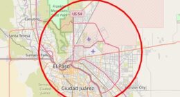 The restricted airspace is a 10-mile-wide area centered roughly five miles southwest of El Paso, extending from the ground up to 18,000 feet